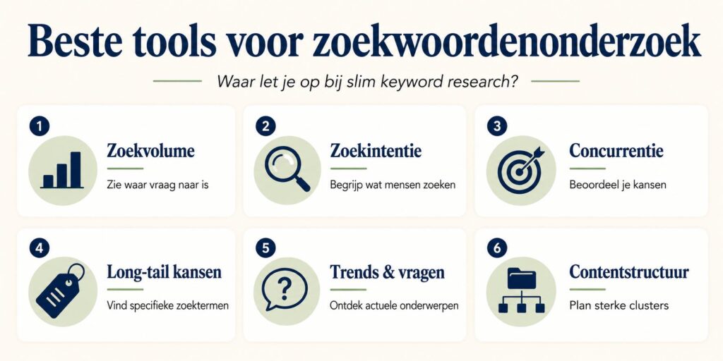 Infographic met populaire tools voor zoekwoordenonderzoek voor betere SEO-strategie en contentplanning
